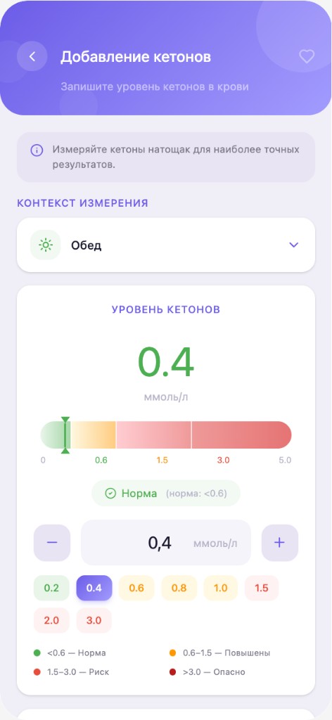 Экран добавления измерения кетонов